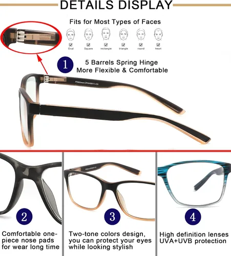 Miniatura 5 de Paquete de 4 Gafas de Lectura con Bloqueo de Luz Azul para Hombres, Anteojos Cómodos y Ligeros con Bisagra de Resorte Flexible, Anti Fatiga Paquete