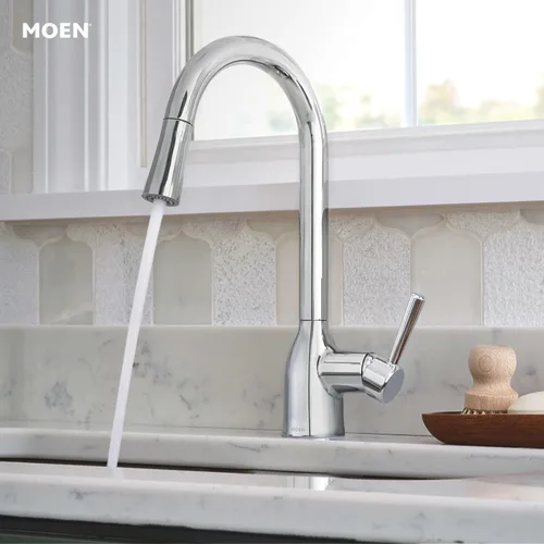 Miniatura 8 de Moen Adler Grifo de fregadero de cocina cromado de un solo mango con arco alto y fuerza de limpieza, llave de cocina moderna con rociador extraíble