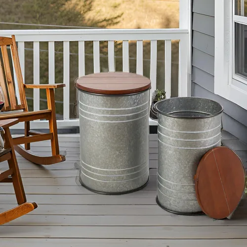Glitzhome Farmhouse - Mesa auxiliar decorativa, taburete otomano de almacenamiento de metal con tapa redonda, mesas auxiliares de café galvanizado