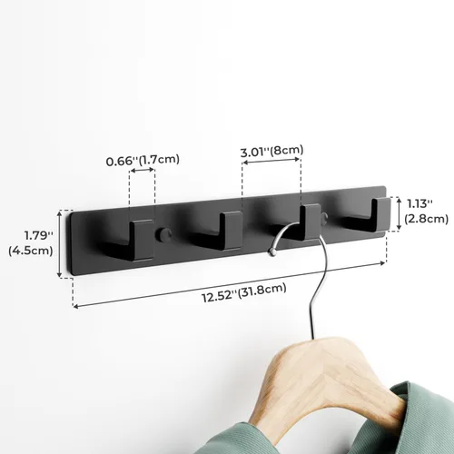 Miniatura 2 de GWAAZXGZ Perchero negro para montaje en pared, 12.5 pulgadas, moderno riel de gancho de metal con 4 ganchos en ángulo recto, organizador montado