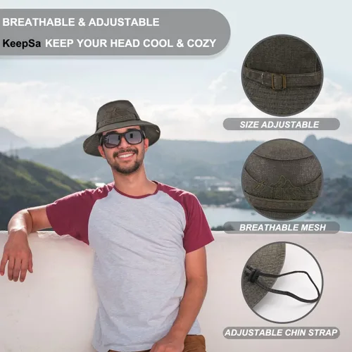 Miniatura 2 de Sombrero de sol para hombre, bordado de algodón, para verano, protección solar, ala ancha, plegable, estilo safari, boonie Verde militar