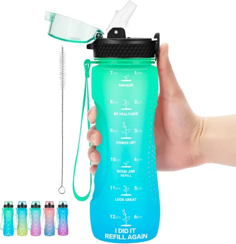 Miniatura 10 de Botella de agua motivacional para niños de 24 onzas con marcador de tiempo, tapa de pajilla, a prueba de fugas, botella de agua deportiva Tritan sin