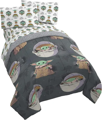Jay Franco - Juego de ropa de cama Queen de 5 piezas de Star Wars The Mandalorian The Child, incluye edredón reversible y sábanas con Baby Yoda, de