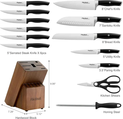 Miniatura 7 de FIKSHOT - Juego de bloques de cuchillos, juego de cuchillos de cocina de acero inoxidable de alto carbono, espiga completa, hoja afilada resistente