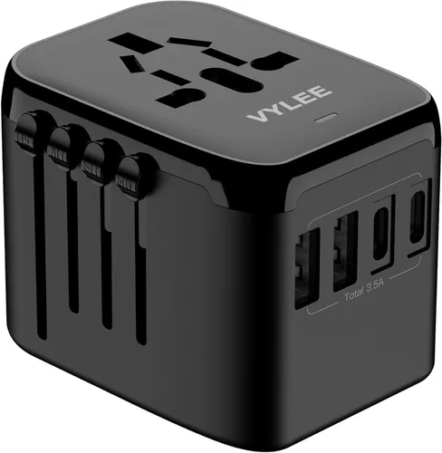 Adaptador de Viaje Universal, VYLEE 5 en 1 Adaptador de Corriente Internacional, 3.5A 2xUSB-A y 2xUSB-C Cargador de Pared, Enchufe Esencial de Viaje
