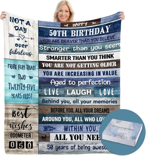 Miniatura 9 de Regalo de 50 cumpleaños para mujer y ella, manta de regalo de cumpleaños 50 Con caja de regalo, 50 x 60 pulgadas, lavable a máquina, transpirable