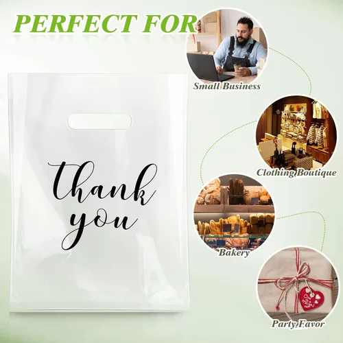 Miniatura 6 de Crtiin 100 piezas de bolsas de mercancía transparentes con texto "Thank You" y asas troqueladas, bolsas de plástico para camisetas, embalaje