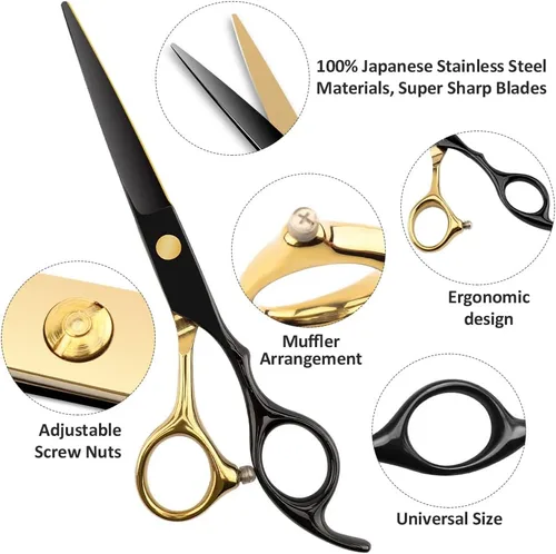 Miniatura 3 de Tijeras profesionales de peluquería de oro negro juegos de corte de pelo salón tijeras rectas multifuncionales Tijeras de dientes Tijeras
