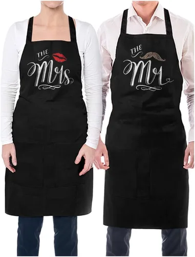 Delantales de Mr. and Mrs. con bigote y labios rojos, regalo para parejas, aniversario de boda, recién casados, delantales de chef de cocina para él