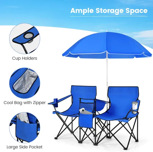Miniatura 6 de Tangkula Sillas de campamento dobles con paraguas, silla de campamento plegable portátil de 2 asientos con bolsa enfriadora, soporte para bebidas