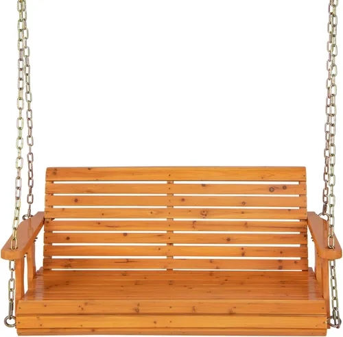 Miniatura 9 de Giantex Columpio de madera para porche de 2 asientos, sillas oscilantes para exteriores con cadenas colgantes, capacidad de peso de 600 libras