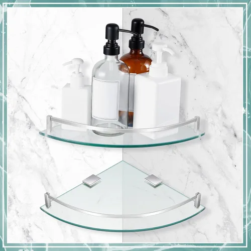 Miniatura 7 de Gejoy Paquete de 2 estantes esquineros de cristal, estantes esquineros de baño montados en la pared con vidrio templado y soportes inoxidables