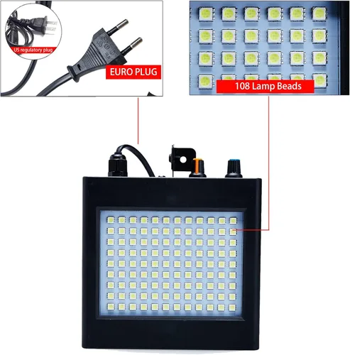 Miniatura 5 de Mini luz estroboscópica, sUperbrillante RGB/color blanco, luz estroboscópica con 108 mini LED, auto-activada por sonido o modo de flash de control