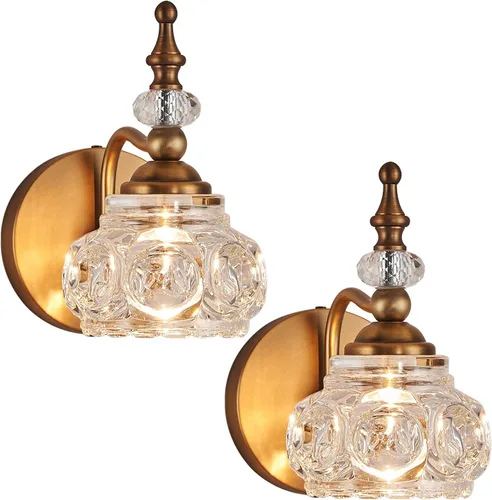 Miniatura 25 de Apliques de pared vintage, iluminación de pared de 1 luz con pantalla de cristal, acabado de latón antiguo cepillado mate, lámpara de pared