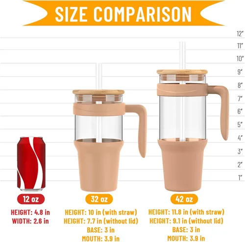 Miniatura 7 de Tronco Vaso de vidrio de 40 onzas con popote y tapa, taza de café helado reutilizable con asa, botellas de agua de vidrio para batidos, se adapta a