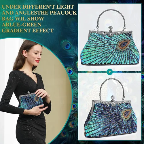 Miniatura 6 de UBORSE Bolsos de embrague de noche de pavo real con lentejuelas con cuentas Bolso de noche vintage Bolso de boda de fiesta de 1920