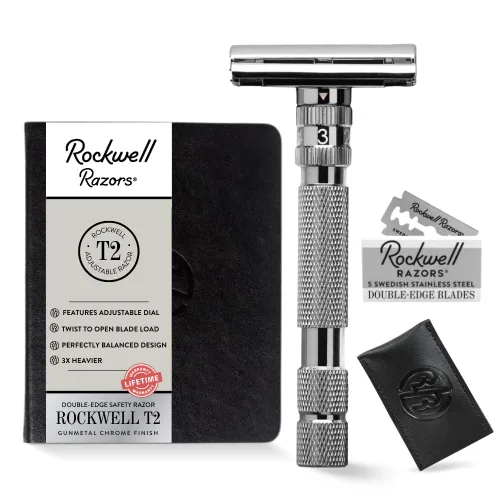 Rockwell T2 | Maquinilla de afeitar de seguridad de doble filo giratorio para abrir (TTO) | Full Metal | Incluye 5 cuchillas de acero inoxidable