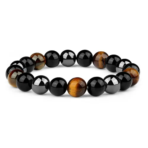 Crystal Vibe Triple Protection Bracelet - 10mm Bead Bracelet for women men With Natural Stones of Tiger Eye Hematite and Black Obsidian - Healing