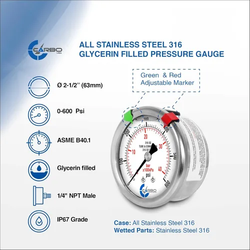 Miniatura 44 de Medidor de presión relleno de líquido de 300 PSI, dial de 2.5 pulgadas, montaje trasero 1/4 NPT, estuche 316 SS, 316 piezas mojadas SS, PSI/barra