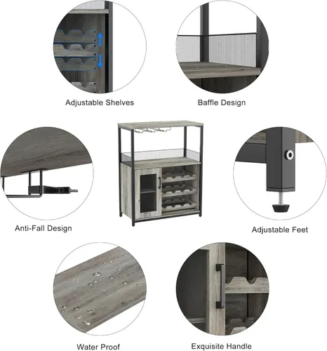 Miniatura 5 de IDEALHOUSE Armario de bar de vinos de 3 niveles con estante de vino desmontable y espacio de almacenamiento, gabinete de buffet con soporte de Gris