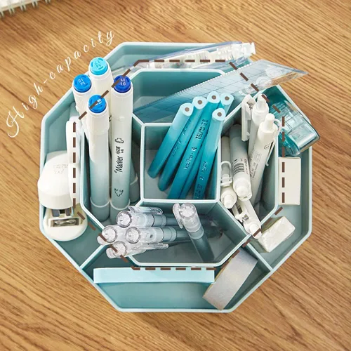 Miniatura 4 de Organizador de almacenamiento giratorio de suministros de arte, soporte para lápices con 9 compartimentos, organizador de almacenamiento de Azul