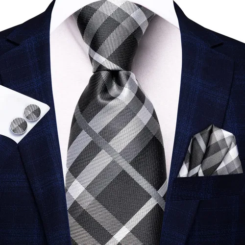 Miniatura 292 de Hi-Tie Corbata clásica de cachemira para hombre con pañuelo y gemelos a cuadros