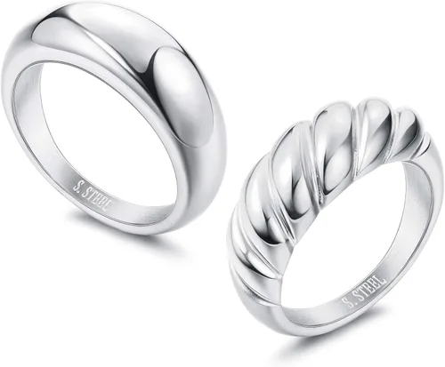 THUNARAZ Juego de 2 anillos de cúpula gruesa para mujer, anillo trenzado minimalista y plateado, anillo apilable, anillo grueso de acero inoxidable,
