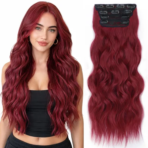 Miniatura 54 de ALXNAN Extensiones de cabello sintético largo y ondulado con clip, de 16 pulgadas, color negro natural, 4 piezas gruesas, fibra de doble trama
