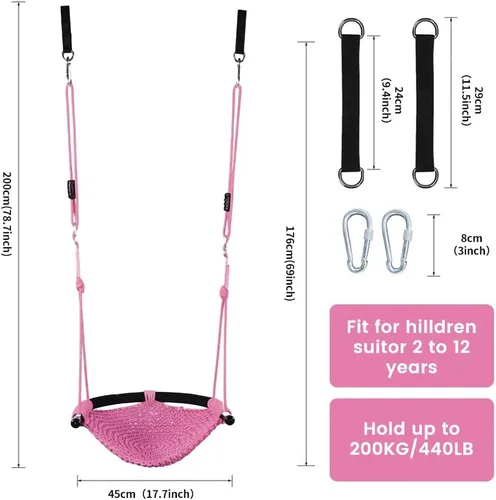 Miniatura 6 de Columpio tejido a mano para niños, columpio para niños con cuerdas ajustables, juego de columpio seguro para niños, para interiores, exteriores, Rosa