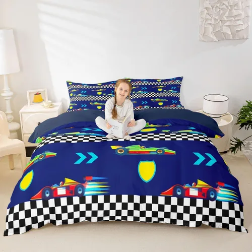 Miniatura 42 de Feelyou Race Car Duvet Cover Twin Size Boys Girls Speed Sports Car Bedding Set Breathable Soft Racing Comforter Cover 2Pcs Black White Checked
