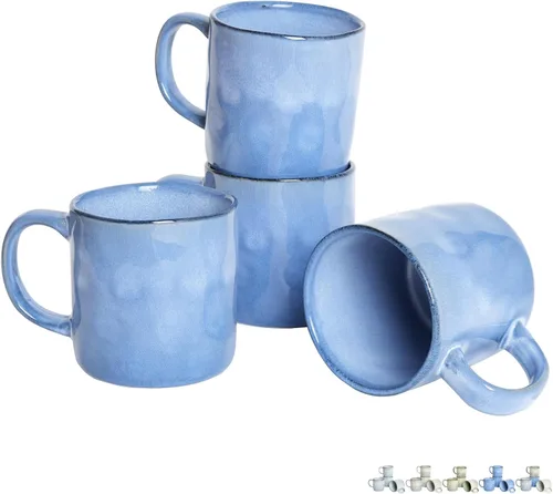 Bosmarlin Juego de 4 tazas de café de cerámica, 14 onzas, tazas de café con mango grande, aptas para microondas, esmalte reactivo único (azul, 14