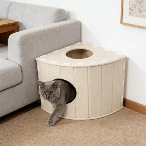 Miniatura 3 de Casa de fieltro para gatos gris, diseño de esquina cerrada en forma de abanico para esquinas de pared y rincones de sofá, con almohadilla