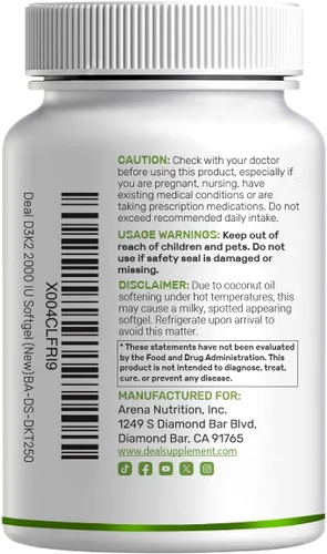 Miniatura 6 de DEAL SUPPLEMENT Vitamina D3 2,000 UI + K2 MK7 50mcg cápsulas blandas Complejo 2 en 1 con aceite de coco virgen Apoya la salud del corazón