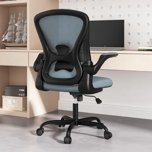 Sytas Silla de escritorio ergonómica con brazos abatibles acolchados y soporte lumbar de apoyo, silla de oficina en casa de malla transpirable con