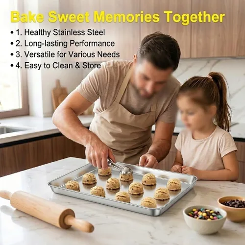 Miniatura 5 de TeamFar Juego de 2 sartenes para horno tostador, de acero inoxidable, 12.5 x 9.5 x 1 pulgadas, no tóxicas y saludables, sin óxido y acabado espejo