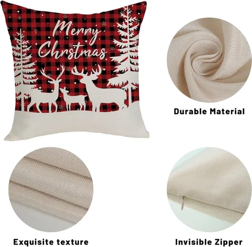 Miniatura 3 de Fundas de almohada navideñas de 18x18 pulgadas, paquete de 2, cuadros búfalo rojo y negro con ciervo, fundas de almohada decorativas, decoración
