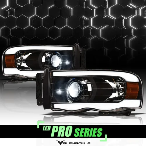 Miniatura 2 de Alpha Owls 8711156 Faros Delanteros de Proyector LED Completo con Barra de Luz LED Blanca - Negro Ámbar Compatible con 2002-2005 Dodge Ram