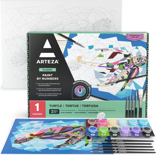 ARTEZA Pintura por números para adultos, 12 x 16 pulgadas, 21 piezas, kit de pintura de tortuga por números, viene con 1 panel de lienzo, 12 macetas