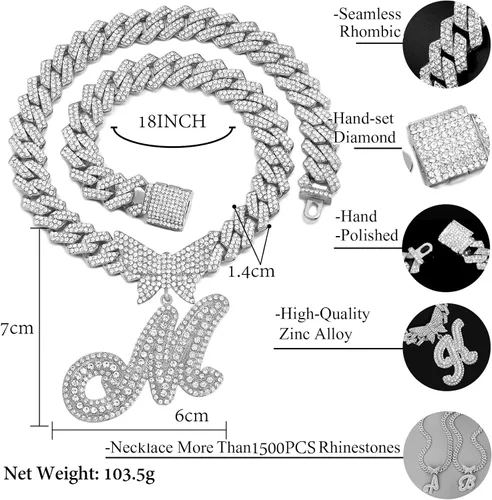 Miniatura 6 de Cadena de eslabones cubanos para mujer, con inicial de plata cursiva de 0.55 pulgadas, con punta de diamante, cadena cubana de hip hop, collar