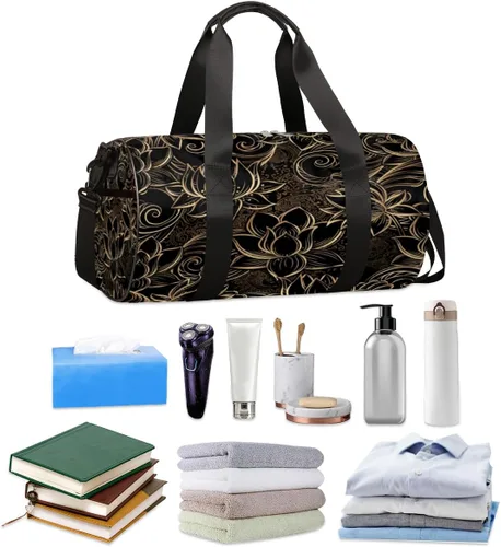Miniatura 2 de Bolsa de lona con correa de hombro desmontable, lujosa bolsa de gimnasio deportiva de flor de loto para estudiantes, bolsa deportiva de 17.6 x 9 x 9