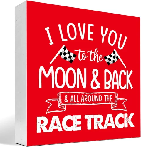 Miniatura 13 de Letrero de madera "I Love You To The Moon And Back And All Around The Race Track" para decoración de escritorio, letrero de caja con banderas a
