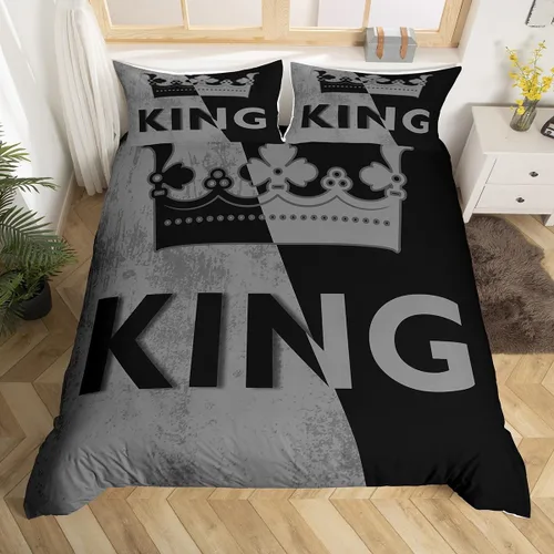 Erosebridal Juego de funda de edredón con corona de tamaño King, funda de edredón vintage negra y gris, romántica para el día de San Valentín,