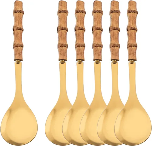 Miniatura 8 de Juego de 2 cucharas de servir de acero inoxidable de 10.0 pulgadas con mango de bambú natural, grandes utensilios plateados para servir, cucharón