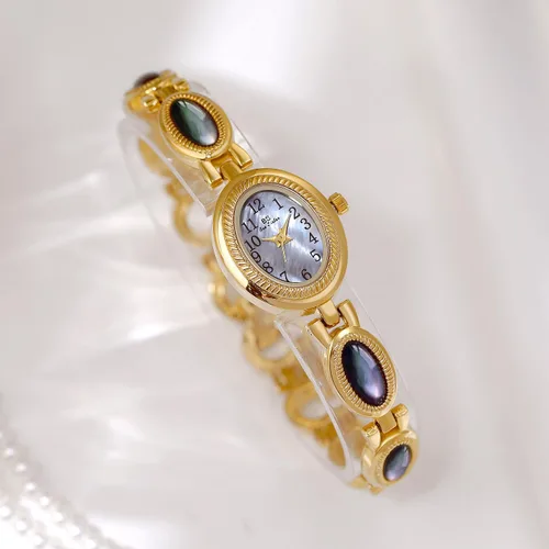 Miniatura 3 de CARLIEN Reloj de pulsera de cuarzo ovalado para mujer, de lujo, delicado, dorado, plateado, perla y números arábigos, fácil de leer, resistente al