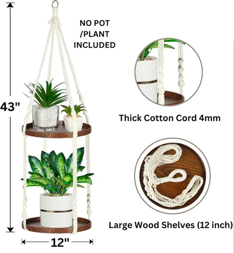 Miniatura 3 de Colgador de macramé de 2 niveles Colgador de plantas para interiores, maceta colgante Estante para macetas colgantes (beige)