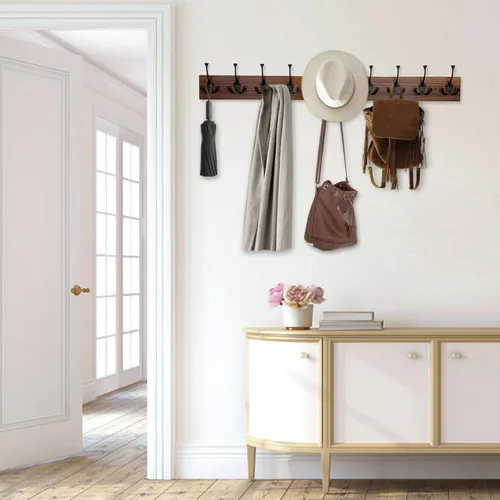 Miniatura 7 de IBosins Perchero de pared de 34'' con 10 ganchos tri-decorativos, colgador de abrigos de madera resistente, barra de ganchos rústicos para entrada