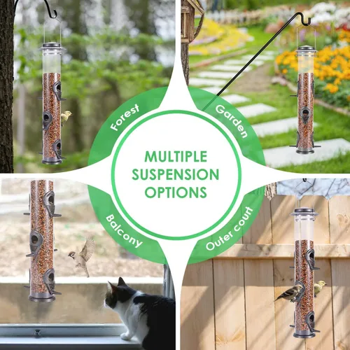 Miniatura 7 de MIXXIDEA 1PK Alimentadores de pájaros metálicos con 6 puertos de alimentación, alimentador de pájaros de tubo con colgador de acero, alimentador