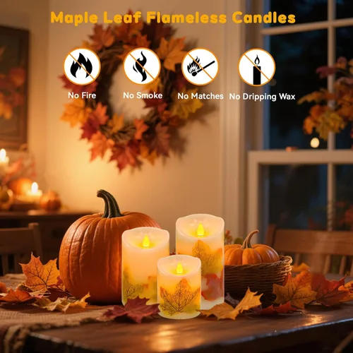 Miniatura 2 de Velas sin llama, juego de 3 velas LED parpadeantes de hoja de arce con control remoto y temporizador, velas LED regulables que funcionan