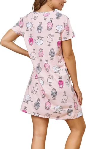 Miniatura 4 de Inadays Camisón de algodón para mujer, ropa de dormir de manga corta, camisón casual con estampado, vestido de dormir holgado y cómodo pijama