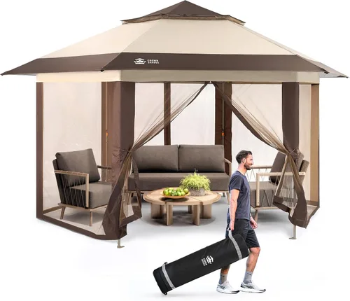 CROWN SHADES Cenador desplegable de 13 x 13 pulgadas con mosquiteras, cenador portátil patentado CENTERLOK de 6 caras, tela recubierta plateada